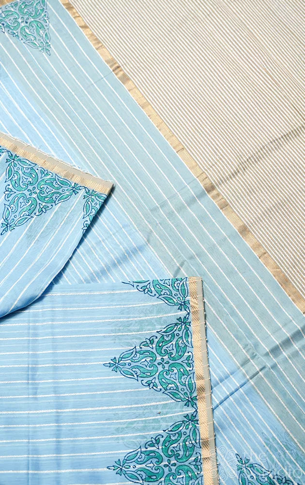 Powder blue maheshwari silk cotton saree with block printing on border