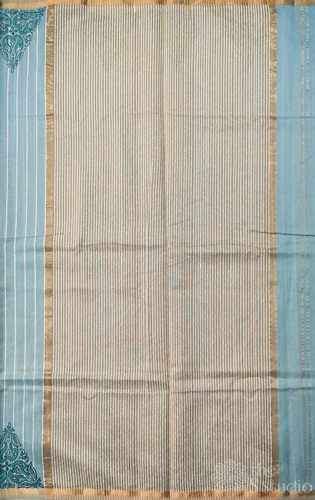 Powder blue maheshwari silk cotton saree with block printing on border
