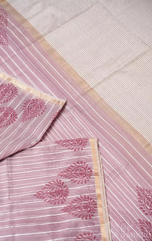 Cocoa brown maheshwari silk cotton saree with block printing on border