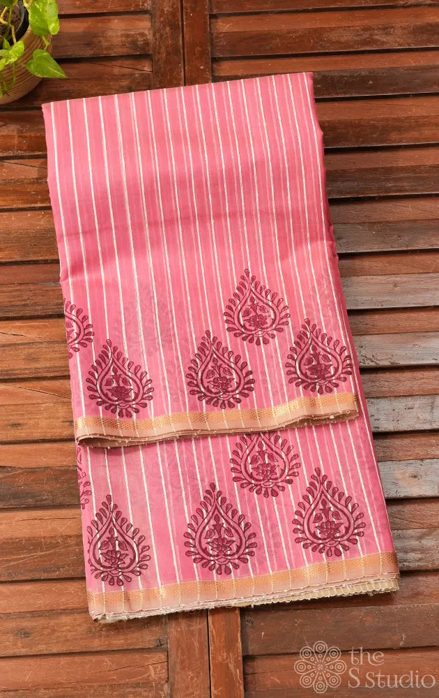 Salman pink maheshwari silk cotton saree with block printing  on border