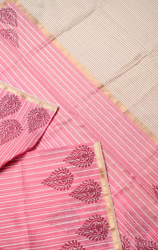 Salman pink maheshwari silk cotton saree with block printing  on border