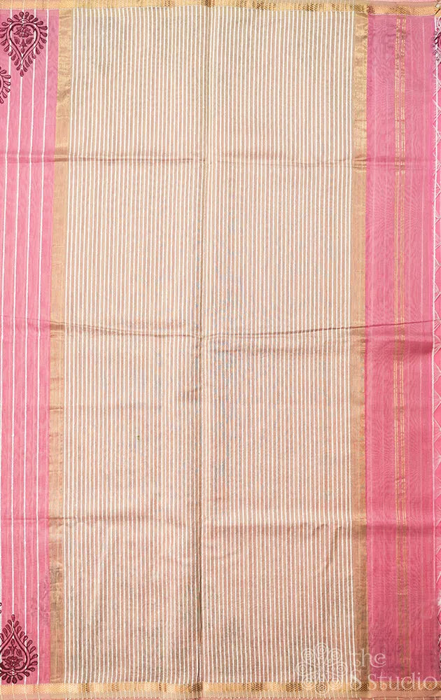 Salman pink maheshwari silk cotton saree with block printing  on border