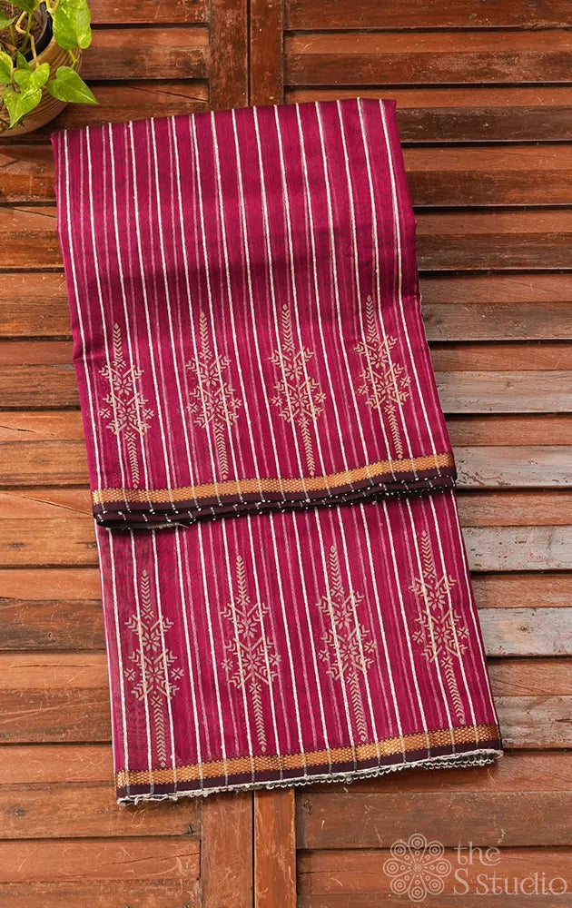 Plum maheshwari silk cotton saree with block printing on border