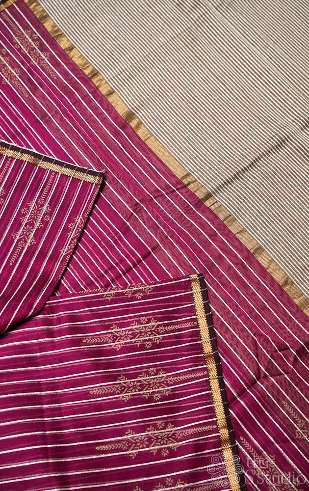 Plum maheshwari silk cotton saree with block printing on border