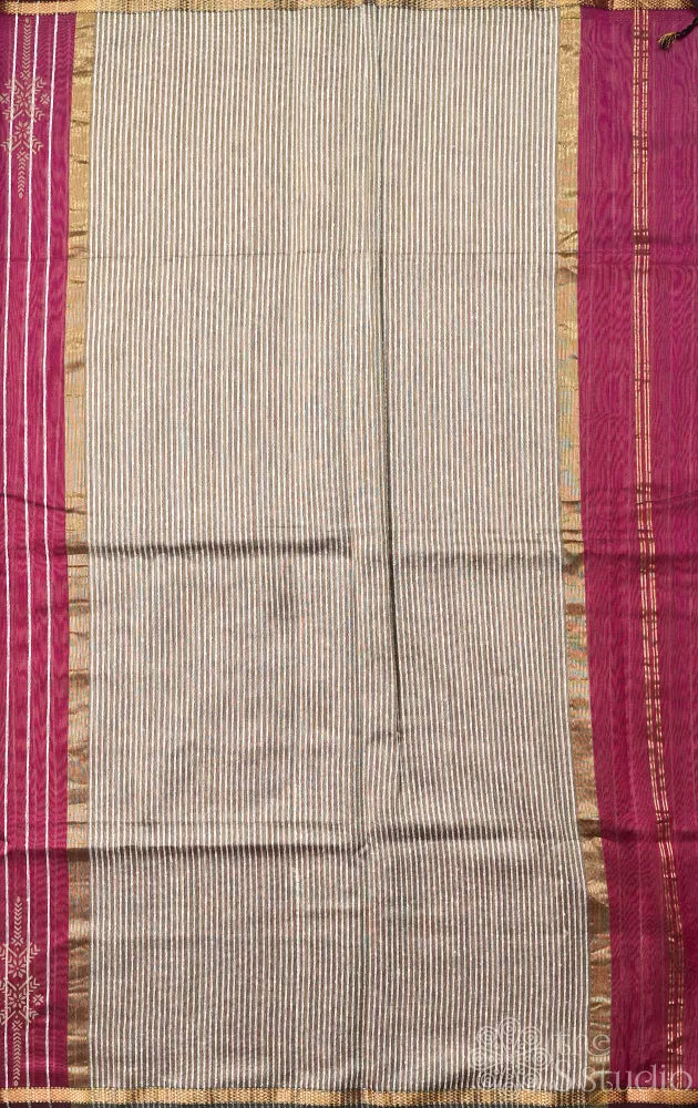 Plum maheshwari silk cotton saree with block printing on border