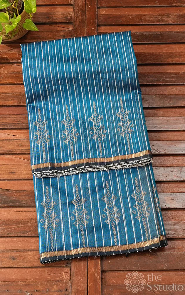 Bright blue maheshwari silk cotton saree with block printing on border