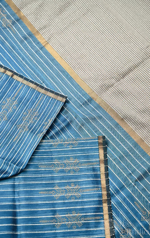 Bright blue maheshwari silk cotton saree with block printing on border