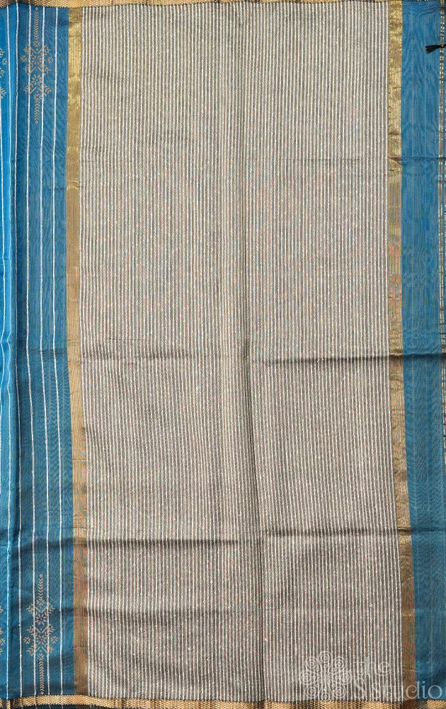 Bright blue maheshwari silk cotton saree with block printing on border