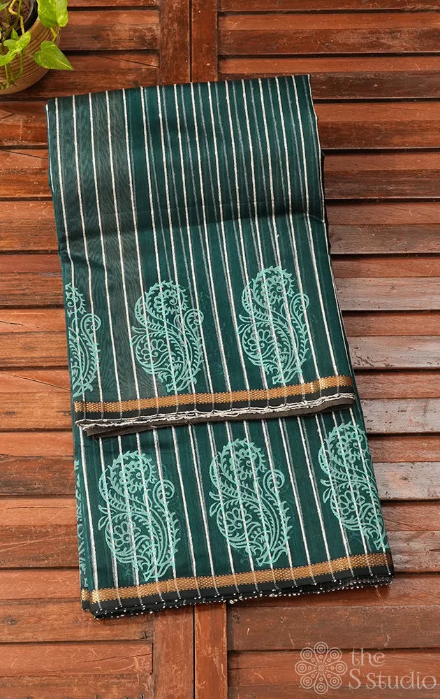 Bottle green maheshwari silk cotton saree with block printing on border