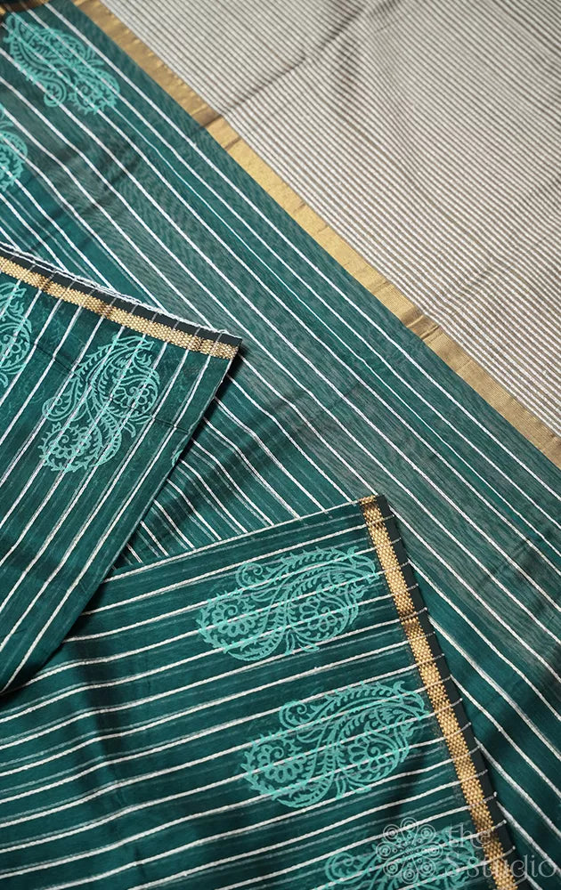 Bottle green maheshwari silk cotton saree with block printing on border