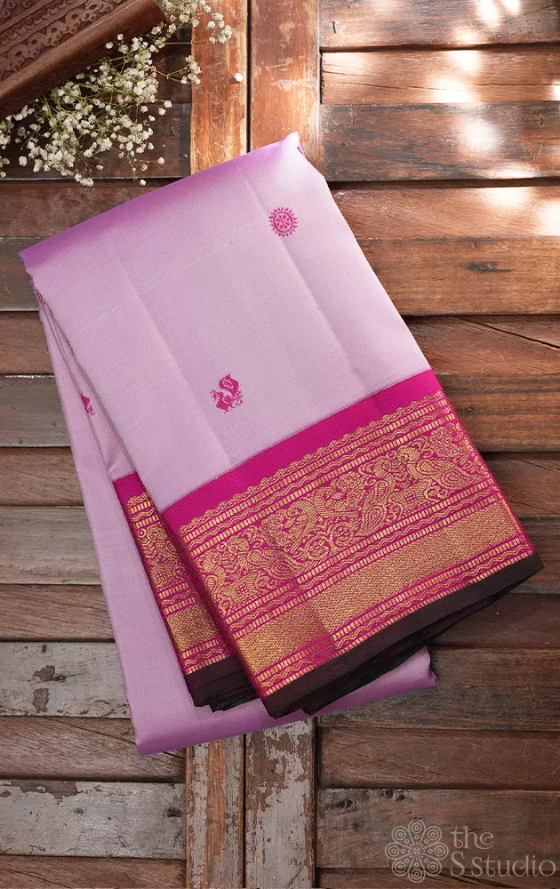 Lavendar kanchi silk saree with ranipink korvai border