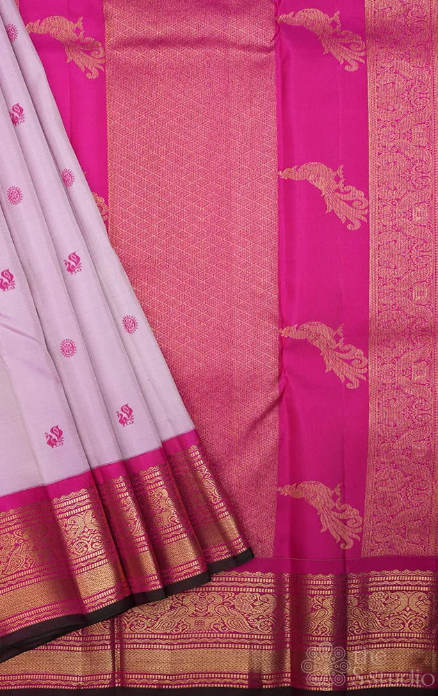 Lavendar kanchi silk saree with ranipink korvai border