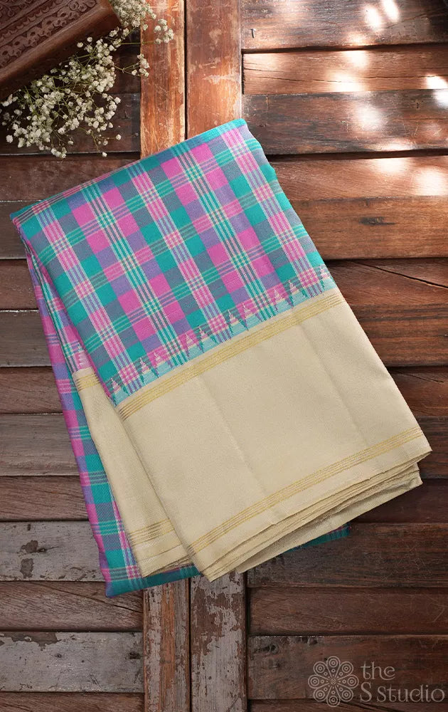 Blue and pink checked kanchi silk saree with off white border
