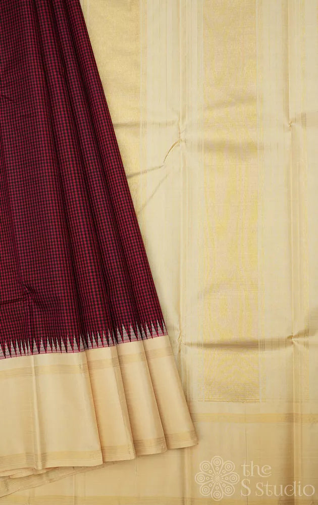 Maroon and black small kattam kanchipuram silk saree with cream korvai border