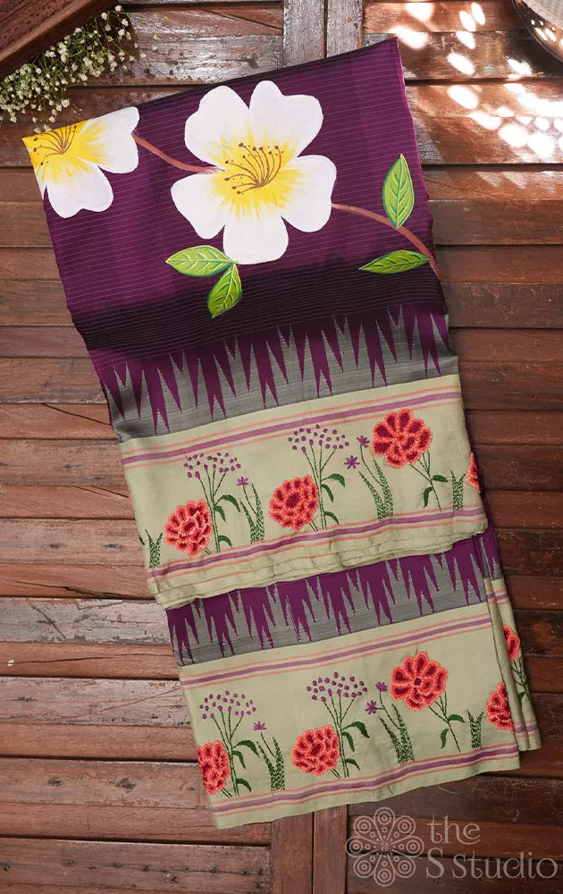 Purple hand painted kanchipuram silk saree with elachi green hand embroidery border