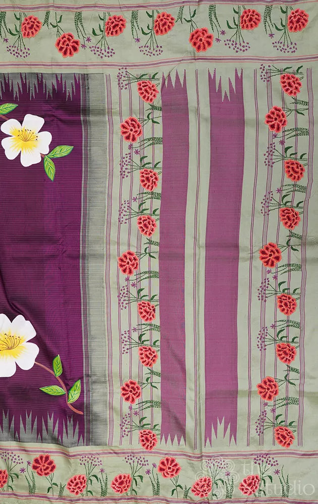 Purple hand painted kanchipuram silk saree with elachi green hand embroidery border