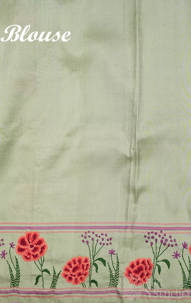 Purple hand painted kanchipuram silk saree with elachi green hand embroidery border