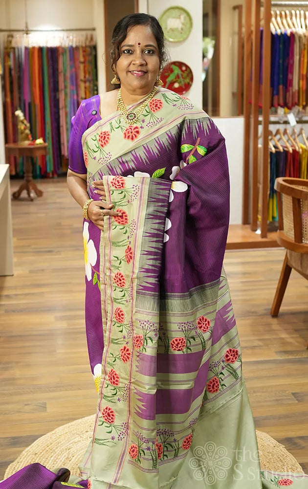 Purple hand painted kanchipuram silk saree with elachi green hand embroidery border