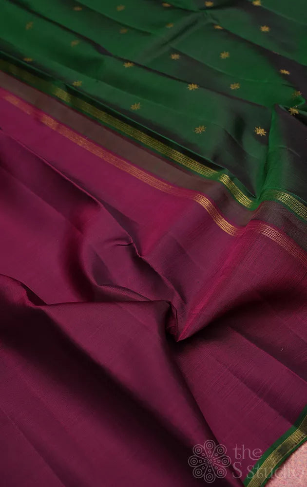 Plain burgundy colour kanchi silk saree with zari butta pallu