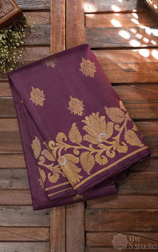 Light violet Kanjivaram silk saree with floral weave border