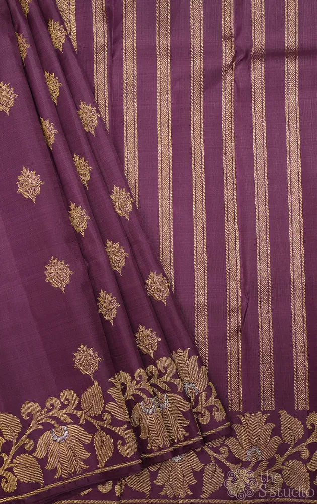 Light violet Kanjivaram silk saree with floral weave border