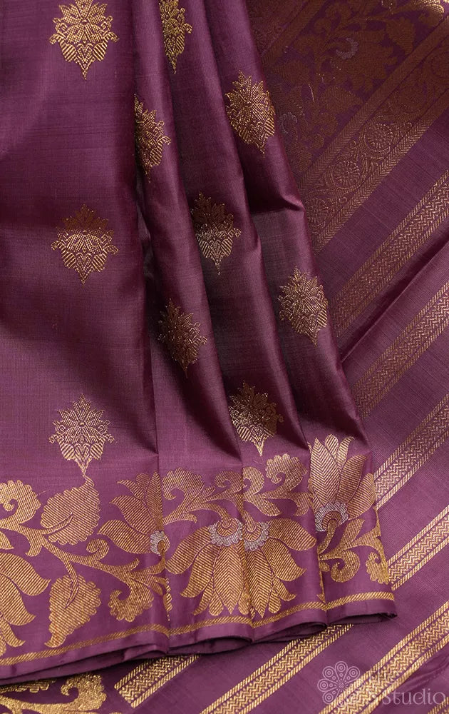 Light violet Kanjivaram silk saree with floral weave border
