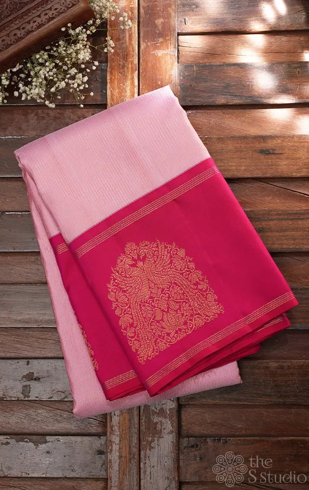 Baby pink kanchipuram silk saree with ranipink border