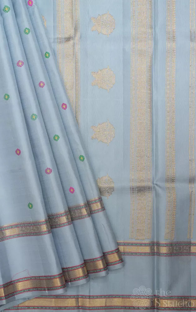 Light powder blue kanchi silk saree with rettaipet border