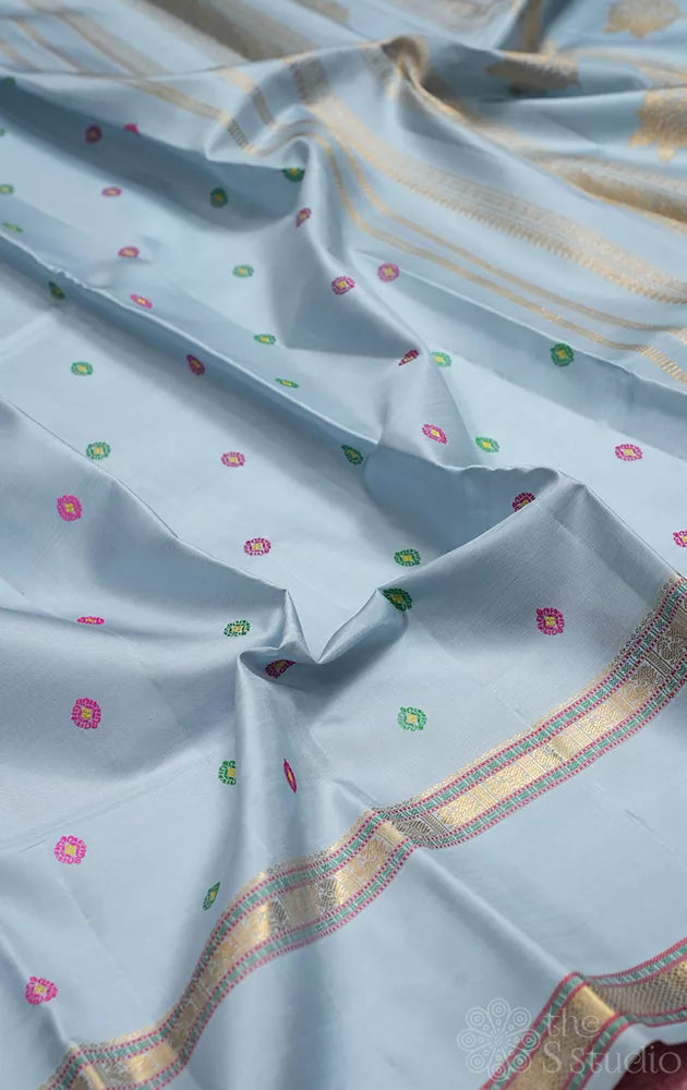 Light powder blue kanchi silk saree with rettaipet border