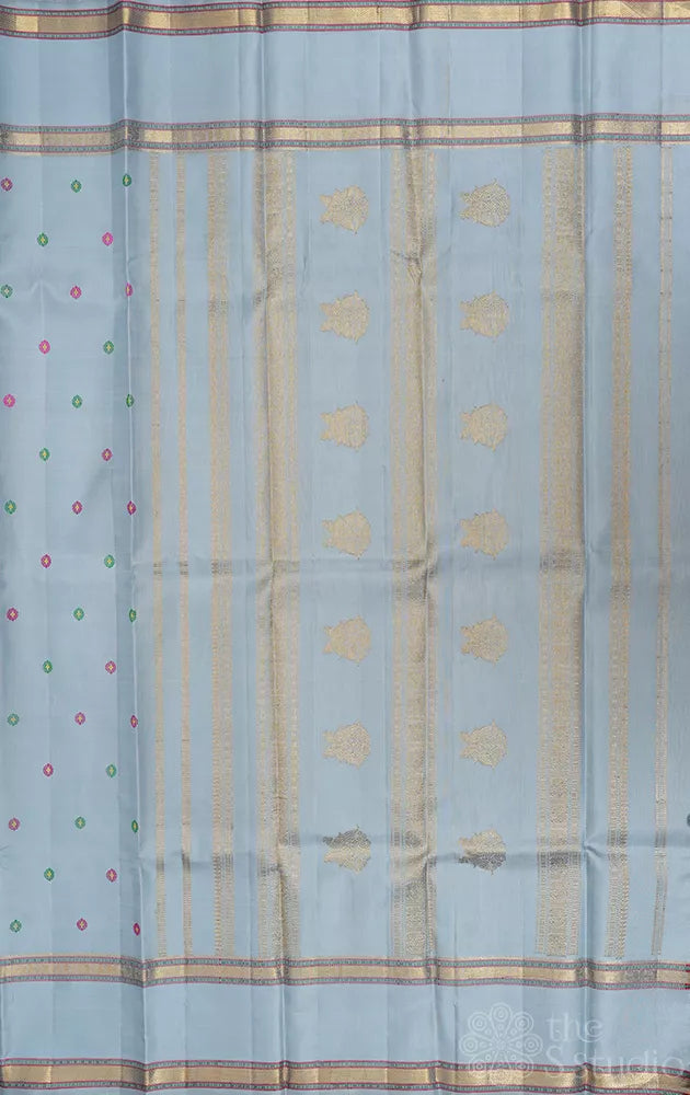 Light powder blue kanchi silk saree with rettaipet border
