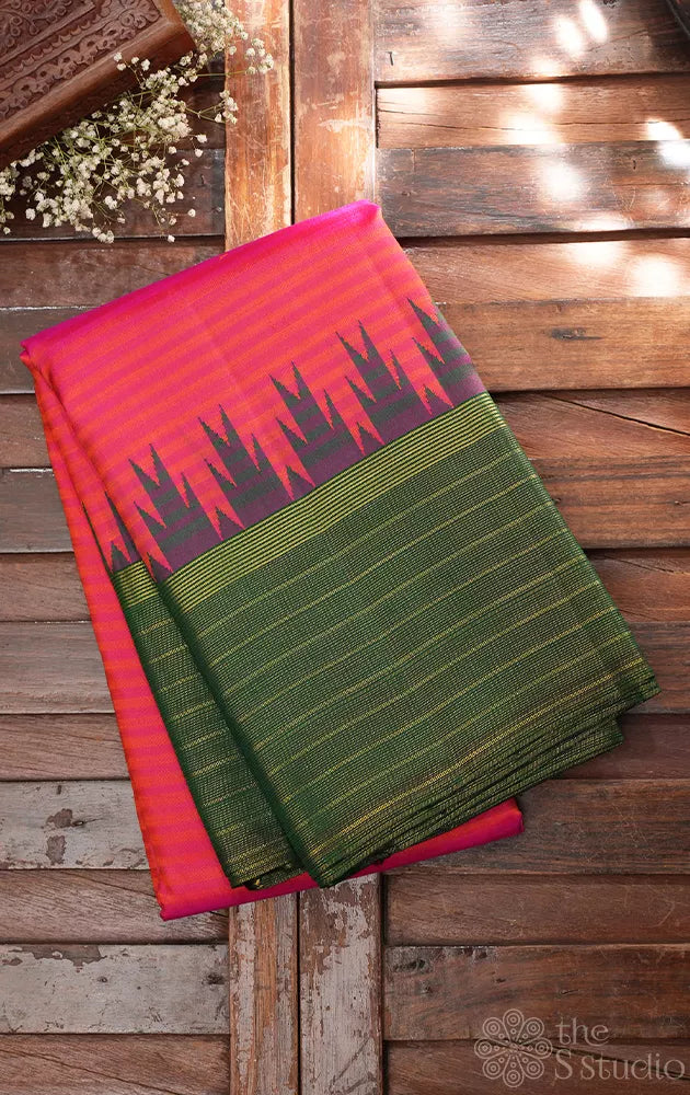 Peachish rose kanjivaram silk saree with green border