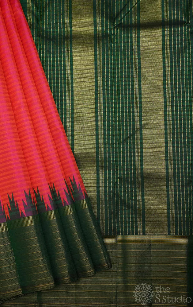 Peachish rose kanjivaram silk saree with green border