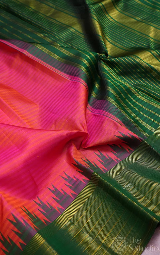 Peachish rose kanjivaram silk saree with green border