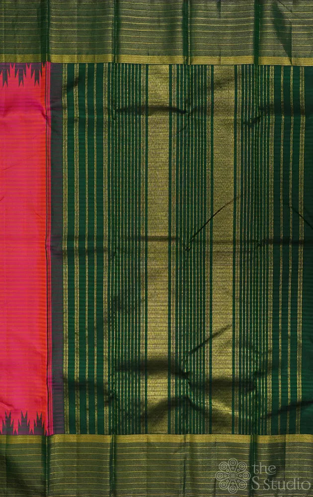 Peachish rose kanjivaram silk saree with green border