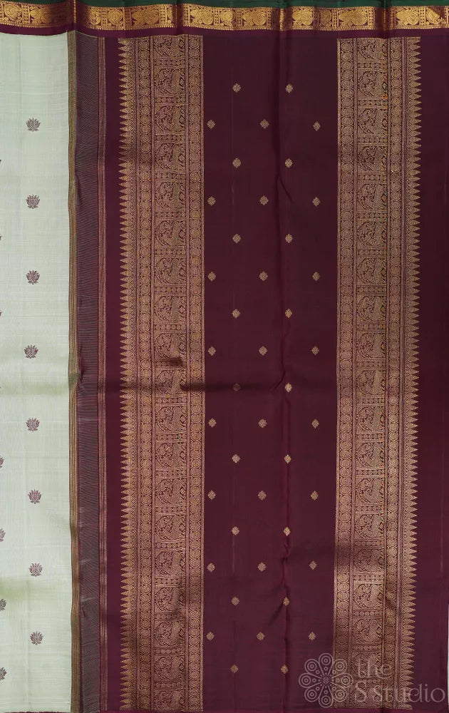 Pista green small border kanchi silk saree with korvai brown border
