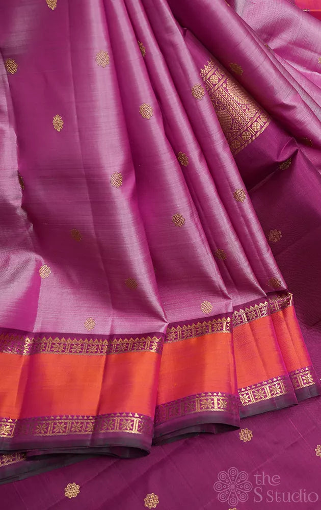 Pinkish lavendar kanchipuram silk saree with purple rettai pet border