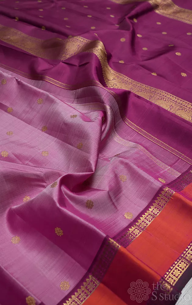 Pinkish lavendar kanchipuram silk saree with purple rettai pet border