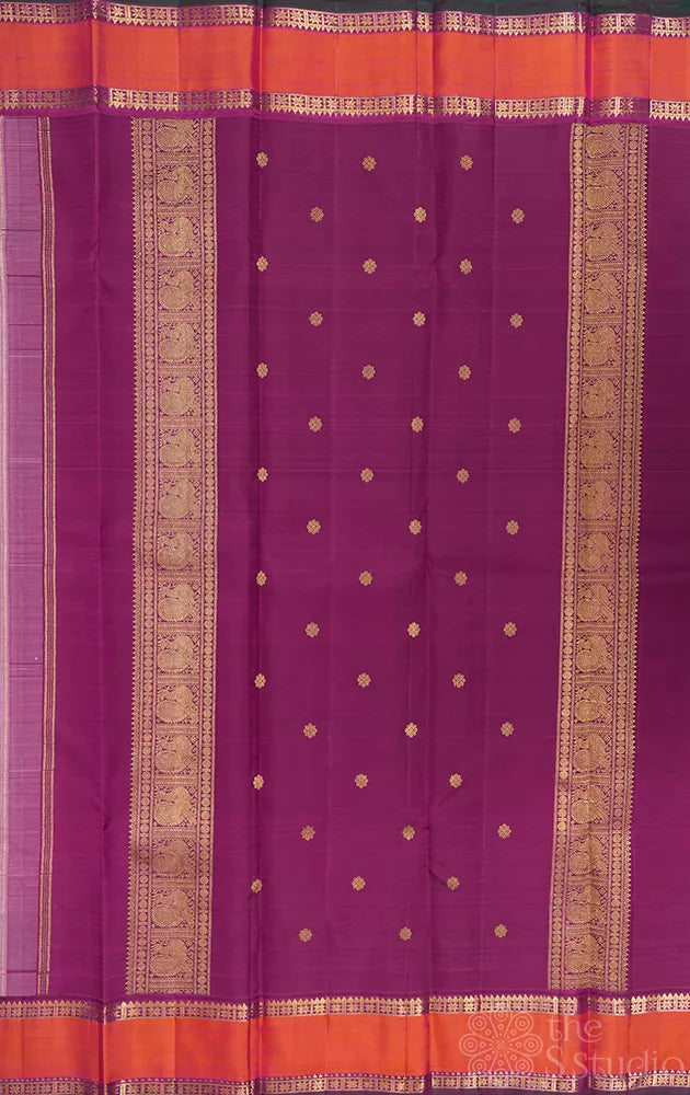 Pinkish lavendar kanchipuram silk saree with purple rettai pet border
