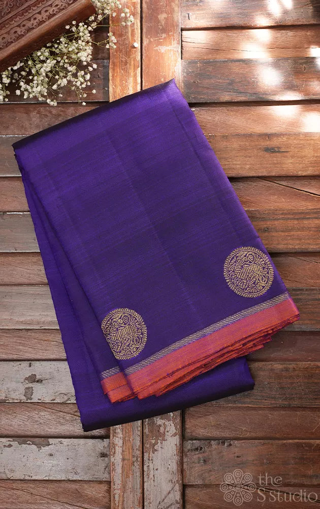 Royal blue kanchi silk saree with yali  motifs along the border