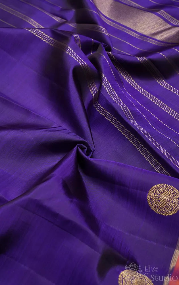 Royal blue kanchi silk saree with yali  motifs along the border