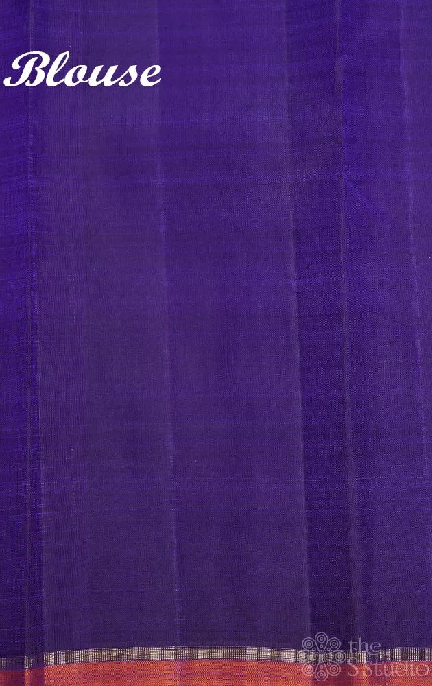 Royal blue kanchi silk saree with yali  motifs along the border