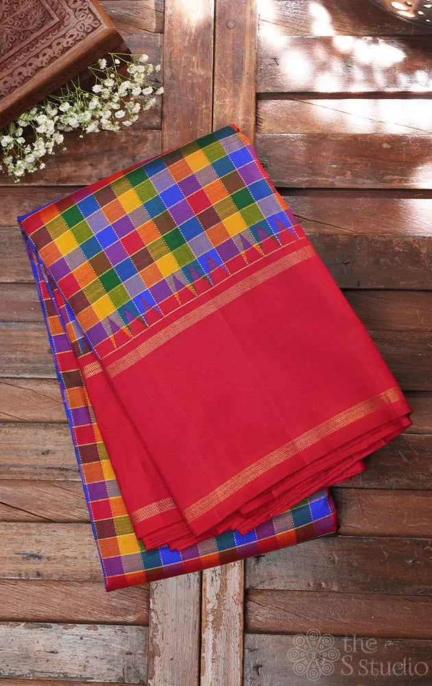 Paalum pazhamum checked kanjivaram saree with korvai red border