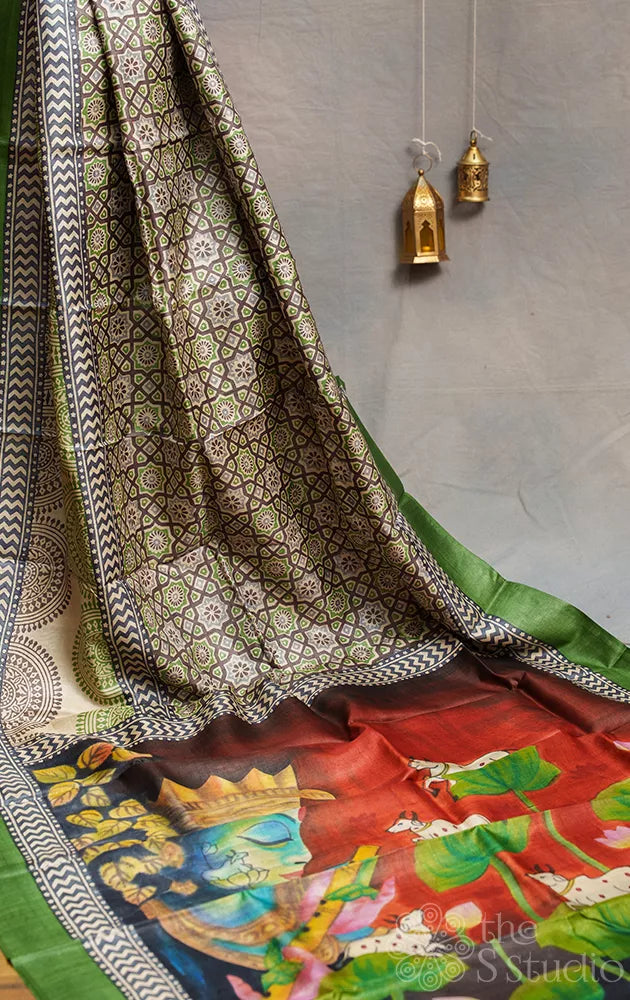 Beige colour ajrakh block printed tussar silk with hand painted pallu