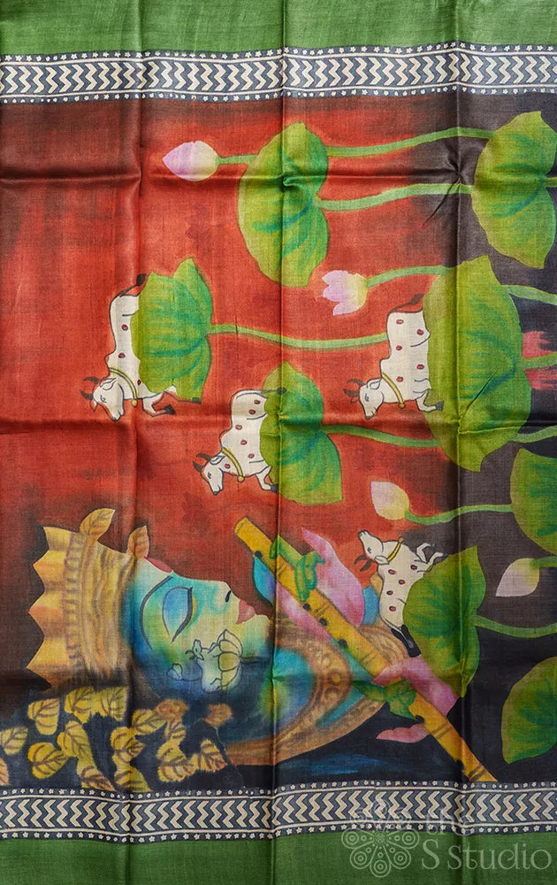 Beige colour ajrakh block printed tussar silk with hand painted pallu