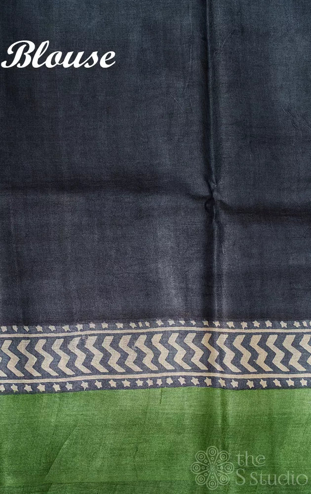 Beige colour ajrakh block printed tussar silk with hand painted pallu