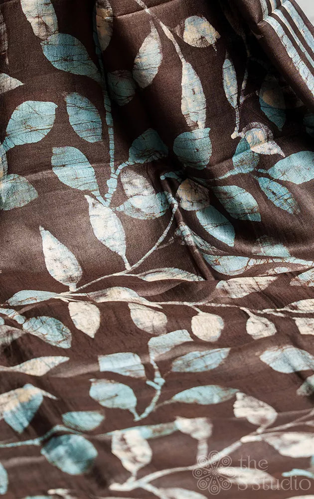 Dark brown tussar silk saree with light blue batik prints