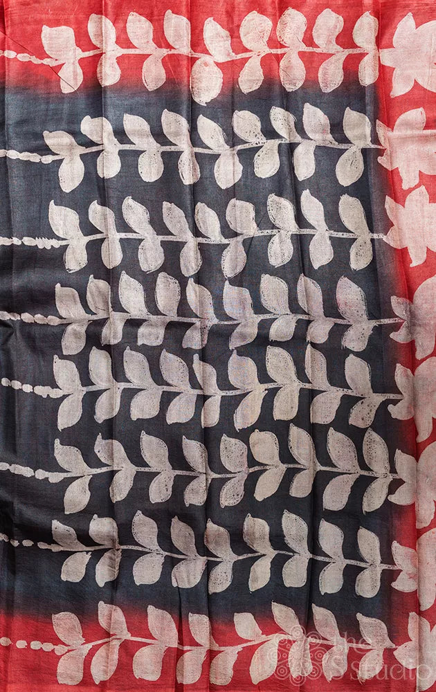 Black tussar silk saree with red border and batik prints