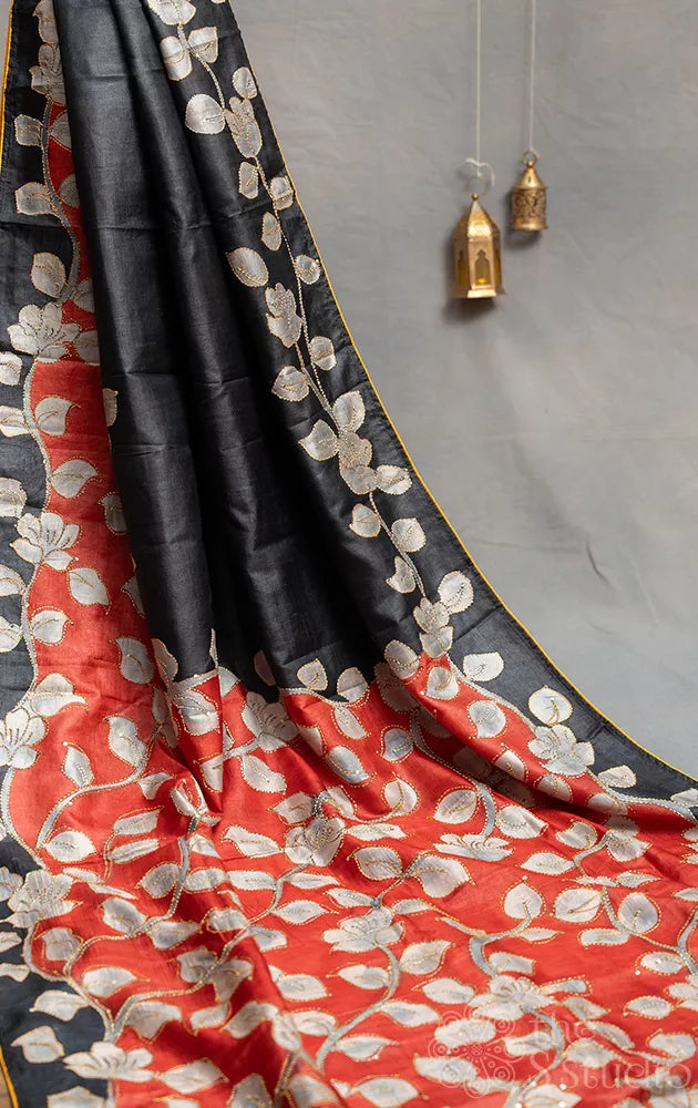 Black and Red hand painted pure tussar silk saree with kantha hand embroidery
