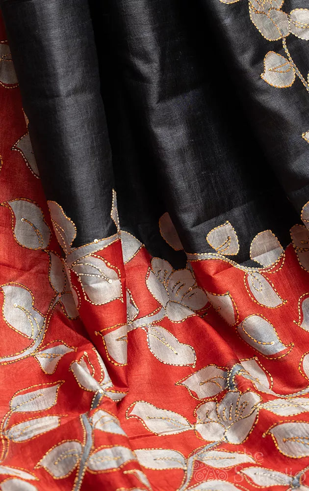 Black and Red hand painted pure tussar silk saree with kantha hand embroidery