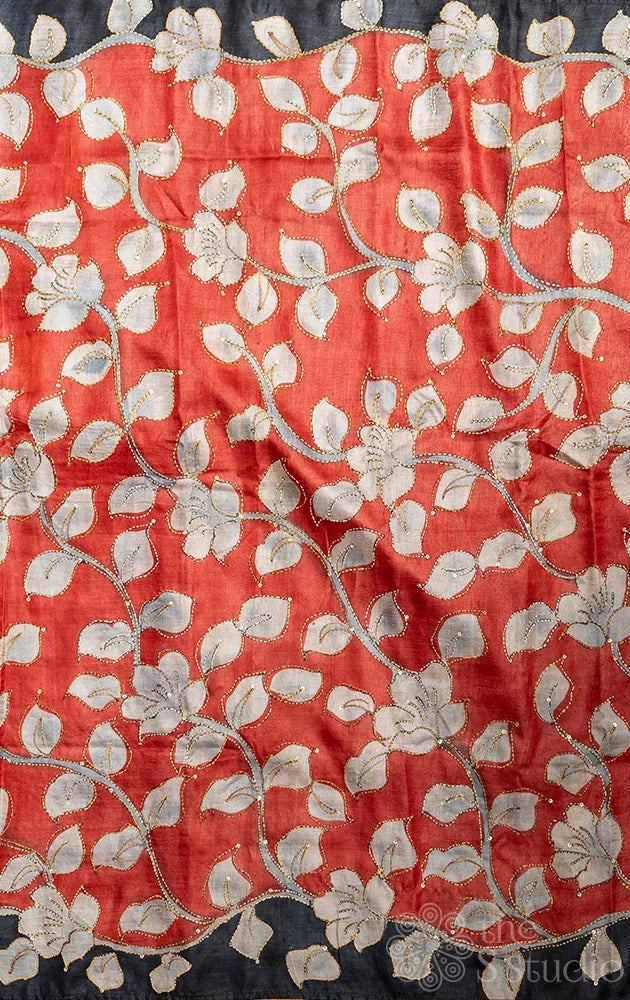 Black and Red hand painted pure tussar silk saree with kantha hand embroidery